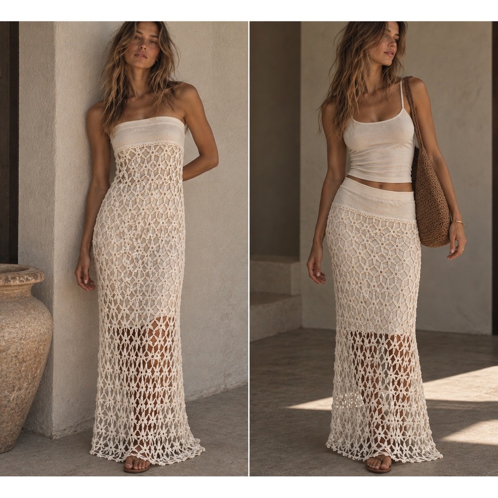 Population Crochet Lace Maxi Skirt/Dress S Boho Beachy Neutral Sheer Layered